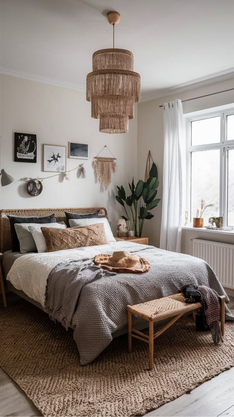 Cozy bedroom with a large bed, woven rug, and bohemian decor, including a fringed chandelier and wall art. Boho Planty Bedroom, Boho Bedroom Corner Decor, Simple Boho Bedroom Ideas, Boho Apartment Bedroom, Boho Bedroom Apartment, Warm Boho Bedroom, Grey Boho Bedroom, Bohemian Bedroom Decor Ideas, Layered Textiles