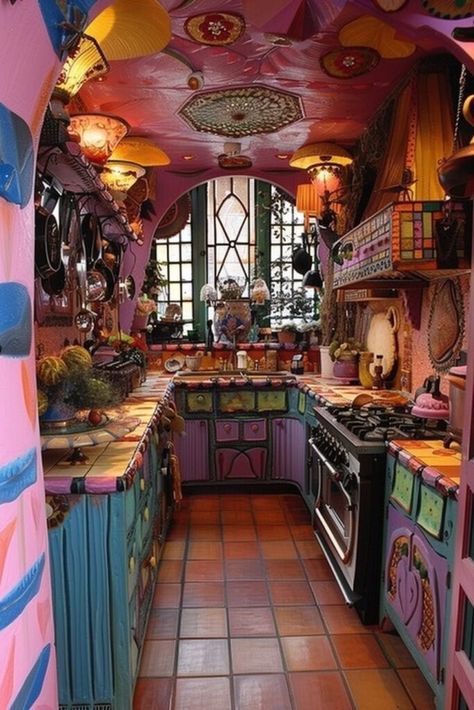 Cool Treehouse, Eccentric Kitchen, Kitchen Interior Ideas, Whimsical Kitchen, Kitschy Decor, Diy Kitchen Projects, Blue Floral Wallpaper, Fairytale House, Retro Appliances