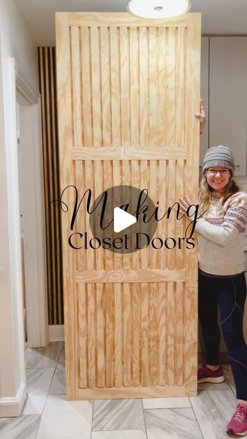 Michelle McRae | “Shelly” Your DIY BFF on Instagram: "$75 Slatted Wood Door✨ You’re going to want to follow along to see the full closet transformation!💫 Do you follow @thornior ? If you’re looking for all-things-home-inspo, you’ll definitely want to check them out! I recently saw these gorgeous doors that @bailey.at.home DIYd and I new they’d be perfect for my new closet project. So I decided to try to make them entirely out of plywood. And it WORKED! Let me know what color you think I should paint them! Products used: • plywood @loweshomeimprovement (ask nicely and they may make the cuts FOR you) • circular saw @dewalttough • Brad nailer @ryobitoolsusa #barndoor #barndoordesigns #slatteddoor #diydoor #closetdoor #doordesign #slattedwood #womenwithpowertools #doityourselfproject #g Sliding Plywood Door, Diy Sliding Closet Doors, Diy Closet Door, Diy Bff, Diy Closet Doors, Closet Transformation, Stacker Doors, Full Closet, Brad Nailer