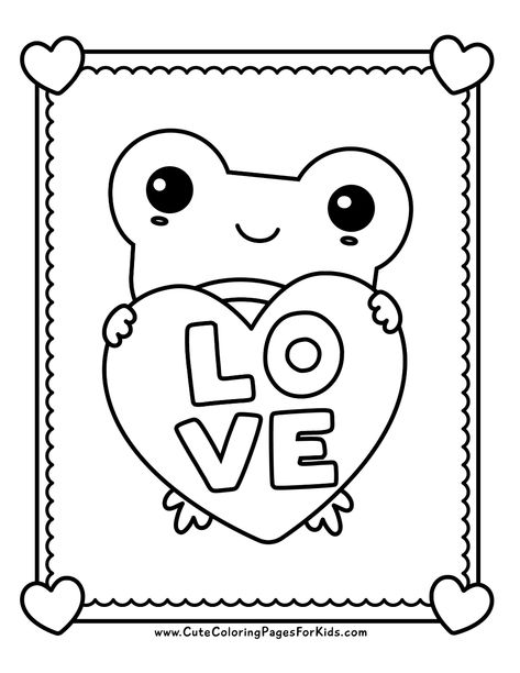 cute kawaii frog holding heart with the letters L-O-V-E, with a scalloped border and hearts in the corners Valentines Coloring Pages, Valentines Day Coloring Pages, Valentine Coloring Sheets, Printable Valentines Coloring Pages, Cute Coloring Pages For Kids, Valentines Day Drawing, Dinosaur Valentines, Frog Coloring Pages, Space Coloring Pages