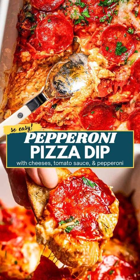 Warm and gooey pepperoni pizza dip is the ultimate party appetizer! Change up this saucy, cheesy dip recipe with your favorite pizza toppings. #pizzadip #gameday #appetizer Snacks With Pepperoni, Diethood Recipes, Cheesy Dip Recipes, Pepperoni Dip, Gameday Food, Pizza Dip Recipes, Pepperoni Pizza Dip, Indulgent Recipes, Best Party Appetizers