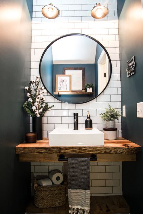 Small Mudroom Bathroom, Modern Farmhouse Full Bathroom, Small Powder Bathroom Ideas Farmhouse, Small Guest Bathroom Ideas Farmhouse, Farmhouse Toilet Room, Powder Room Tile Wall, Powder Room Sinks And Vanities, Powder Bathroom Ideas Half Baths, Cool Powder Room