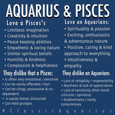 #Aquarius & #Pisces relationship. Listed above are the positive aspects of a relationship / friendship and the potential issues that may cause problems. (Please note that each other's Moon signs should be taken into consideration to get the bigger picture) #ClassicAquarius #Aquarius Aquarius And Pisces Compatibility, Aquarius Relationship, Pisces Relationship, Pisces Women, Aquarius And Pisces, Aquarius Compatibility, Pisces Compatibility, Aquarius Sun, Aquarius Pisces Cusp