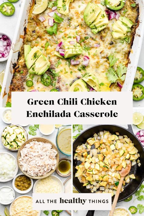 This quick and easy Green Chicken Enchilada Casserole is perfect comfort food. Filled with plenty of chicken, veggies, spices, and melty cheese it’s a delicious and simple way to enjoy enchiladas. Healthy Green Chicken Enchiladas, Chicken Enchilada Casserole Healthy, Healthy Chicken Enchilada Casserole, Healthy Enchilada Casserole, Green Chili Chicken Enchilada Casserole, Veggie Enchilada Casserole, Green Chicken Enchilada Casserole, Gluten Free Chicken Enchiladas, Green Chili Chicken Enchiladas