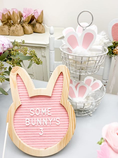 Bunny Third Birthday, Easter Themed 3rd Birthday Party, Bunny 3rd Birthday Party, Adopt A Bunny Birthday Party, Bunny Birthday Party Favors, Bunny Centerpieces Birthday Parties, Adopt A Bunny Party Favor, Bunny Party Games, Bunny Party Food