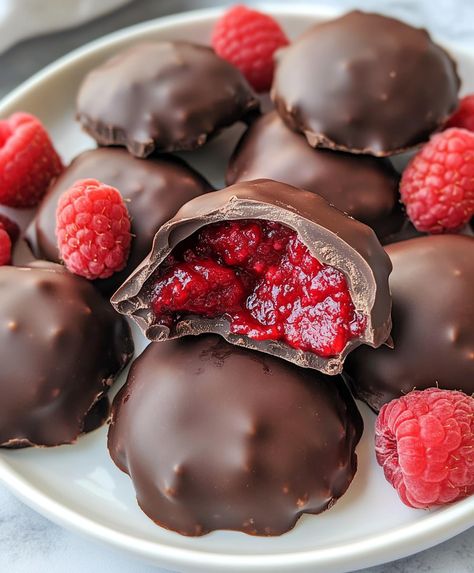 Raspberry Filled Chocolate Bites Easy Dinner Desserts, Brunch Appetizers, Skip It, Chocolate Bites, Bitter Chocolate, Raspberry Filling, Like A Rockstar, Fresh Raspberries, Appetizer Bites