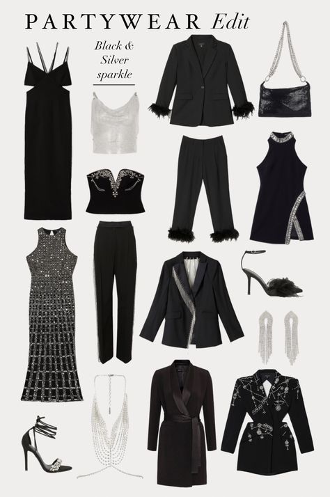 Black And White Holiday Outfit, Black And Silver Party Outfit, Silver Party Outfit, Black And Silver Outfit, Black And Silver Party, Black And Silver Outfits, Black Pant Suit, Silver Outfits, Party Outfit Ideas