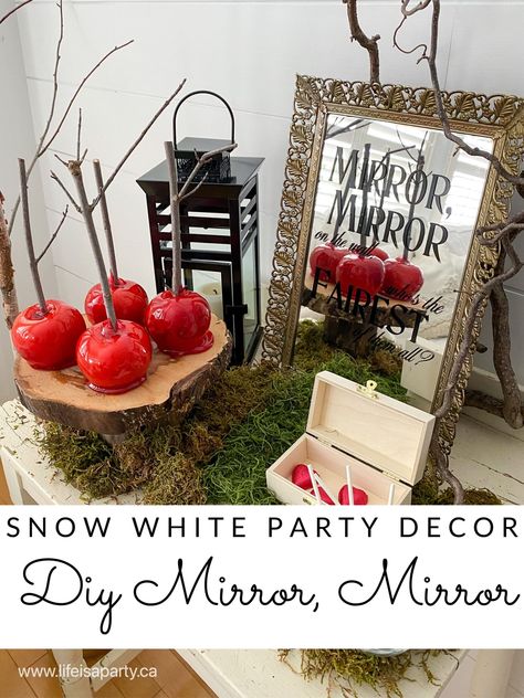 Snow White Themed Food, Fairytale Party Decorations, Snow White Centerpiece, White Party Decor, Snow White Fairytale, Disney Villain Party, Snow White Mirror, Snow White Wedding, Snow White Apple