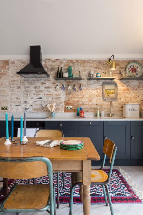 Kitchen With Red Brick, Red Brick Backsplash, Kitchen Brick Backsplash, Red Brick Kitchen, Kitchen Brick, Blush Pink Bedroom, Romney Marsh, Brick Kitchen, Brick Backsplash