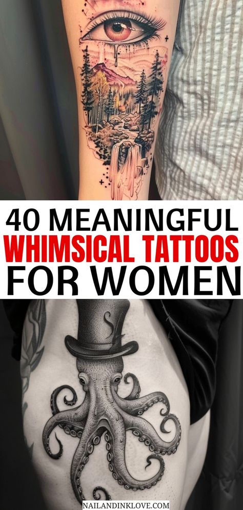 Whimsical tattoos, whimsical tattoos designs, whimsical tattoos color, and vintage whimsical tattoos. Playful Tattoos Ideas, Fun Feminine Tattoos, Womens Geometric Tattoos, Maximalist Tattoo Ideas, Unique Colorful Tattoos, Enchanted Forest Tattoo Ideas, Mid Size Tattoos, Vintage Style Tattoos For Women, Stippling Tattoo Design