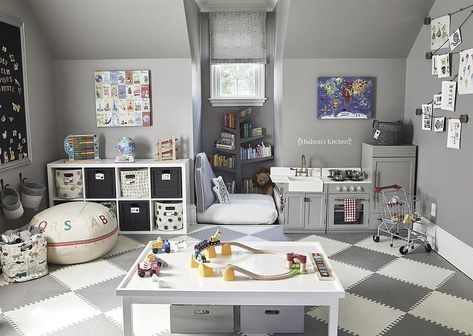 Chic Gray Playroom with White and Gray Floor Tiles - Transitional - Boy's Room Play Kitchen Area, Gray Floor Tiles, White Storage Bins, White Playroom, Gray Playroom, Blue Playroom, Navy Blue Bedding, Kids Room Grey, Tree Bookcase