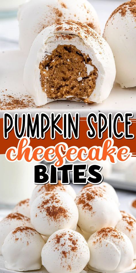 This easy Pumpkin Spice Cheesecake Bites recipe is made with real pumpkin, cream cheese, and spice cake mix rolled into a smooth and creamy ball, then coated in white chocolate candy and topped with a sprinkle of pumpkin spice. These no-bake balls are bursting with fall flavor, they taste like pumpkin pie cheesecake that you don’t have to cook. Pumpkin Spice Cake Bites, Pumpkin Spice Balls No Bake, Pumpkin Cake Bites, Pumpkin Spice Cake Pops Recipe, Pumpkin Cheesecake Bites Recipes, Pumpkin Cream Cheesecake Balls, Pumpkin Cream Cheese Bites, Pumpkin Cheesecake Cake Pops, Pumpkin Spice Cheesecake Balls