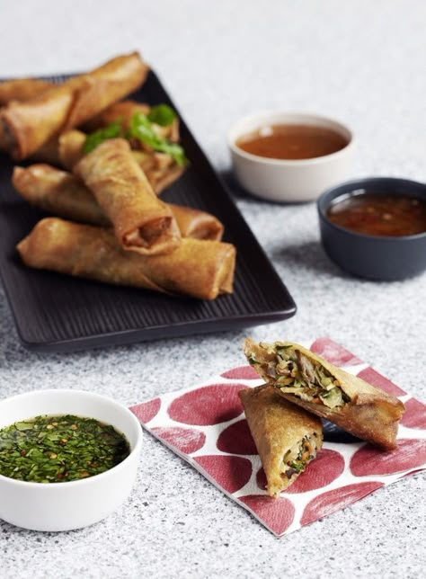 Crispy Duck Spring Rolls | dish - Dish Vegetable Egg Rolls Recipe, Duck Leg Recipes, Rice Paper Spring Rolls, Wine Party Food, Birthday Meals, Food Flags, Vegetable Egg Rolls, Crispy Duck, Braised Duck