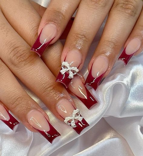 Red Nail Inspo Christmas, Hoco Nails To Match A Red Dress, Red French Tip Acrylic Nails With Rhinestones, White And Dark Red Nails, Red Nails Acrylic Homecoming, Red Nail Set Prom, Red Christmas Nails French Tip, Red Nails For Graduation, Red French Tip Nails With Pearls