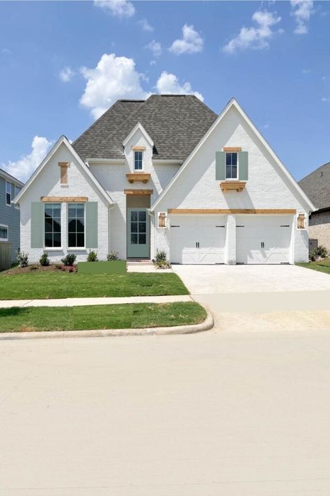 Light Brick House Exterior Shutters, Light Green Shutters White House, Sw Uncertain Gray Exterior, White And Sage House Exterior, White House Sage Shutters, Sage Green Shutters, White Brick House Exterior, White Painted Brick Exterior, White Brick House