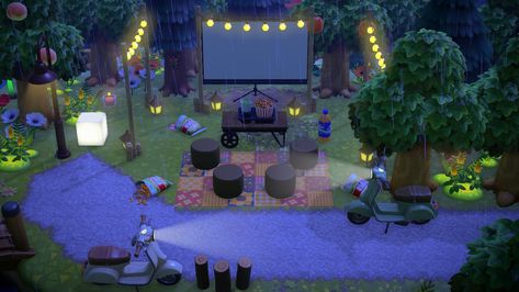 Outdoor Theater Acnh, Outdoor Movie Acnh, Acnh Projector Screen Ideas, Acnh Outdoor Movie Theater, Animal Crossing Outdoor Movie Theater, Animal Crossing Theme Ideas, Acnh Drive In Movie Theatre, Acnh Theater, Outdoor Movie Animal Crossing