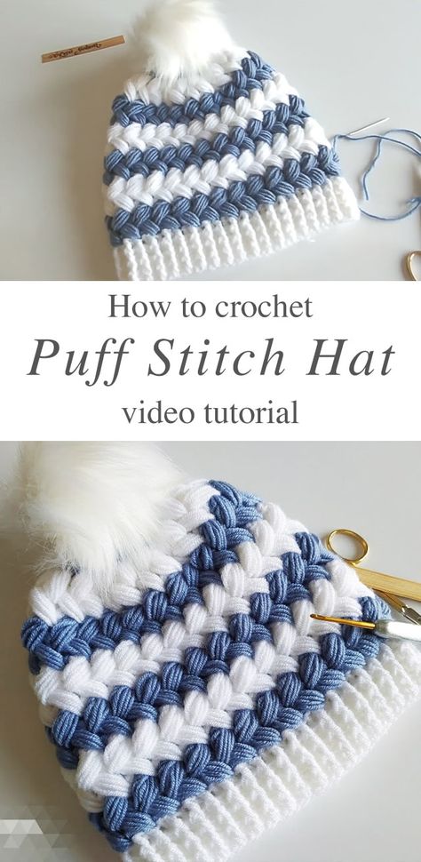 Puff Stitch Crochet Hat You Will Love | CrochetBeja Puff Stitch Hat Crochet Free Pattern, Bean Stitch Crochet Hat, Crochet Puff Stitch Hat Free Pattern, X Stitch Crochet, Crochet Hat Styles, Crochet Beanie Tutorial Videos, Beanie Tutorial Crochet, Free Crocheted Hat Patterns, Crochet Hat Tutorial Video