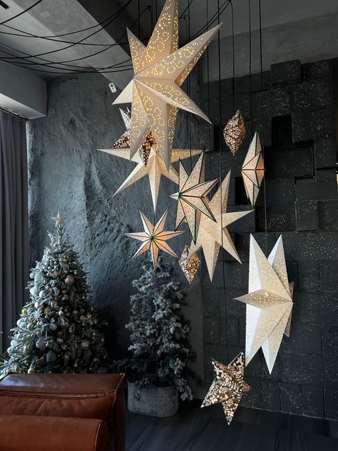 #newyear #christmas #december #decemberaesthetic #winter #snow Winter Stage Decorations, Christmas Decor Ideas Restaurant, Storefront Christmas Displays, Anthropologie Christmas Display, Twinkle Star Party, Christmas Ceiling Decorations, Recycled Christmas Decorations, Christmas Stage, Christmas December