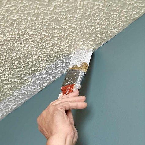 Cut in Before You Roll - How to Paint a Ceiling: http://www.familyhandyman.com/painting/tips/how-to-paint-a-ceiling#3 Painting Ceilings Tips, Textured Ceiling Paint, Painting Popcorn Ceiling, Best Ceiling Paint, Painting Ceilings, Painting The Ceiling, Textured Ceiling, Ceiling Repair, Ceiling Painting