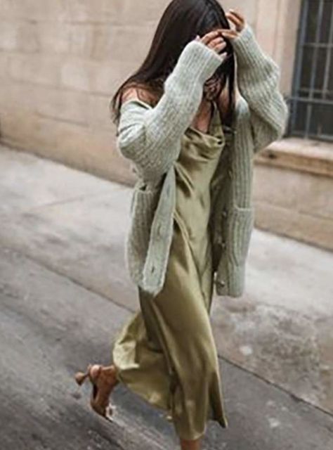 Slip Dress Dinner Outfit, Slip Dress Christmas Outfit, Slipdress Streetstyle Winter, Winter Slip Dress Outfit, Slip Dress With Cardigan, Slip Dress In Winter, Styling A Slip Dress, Slip Dress Outfit Fall, Slip Dress Styling