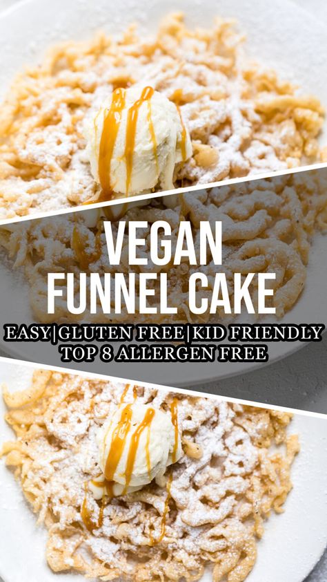 Vegan Funnel Cake - Make It Dairy Free Healthy Funnel Cake Recipe, Dairy Free Funnel Cake Recipe, Vegan Fair Food, Gluten Free Funnel Cake Recipe, Vegan Funnel Cake, Gluten Free Funnel Cake, Vegan Funnel Cake Recipe, Funnel Cake Recipe Easy, Best Vegan Snacks