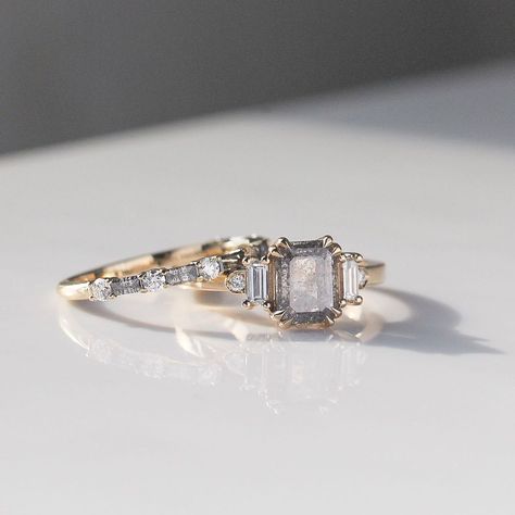 Salt And Pepper Emerald Cut Diamond Ring, Stacked Diamond Bands, Signature Rings, Emerald Cut Diamond Ring, Wedding Day Jewelry, Rosecut Diamond Ring, Emerald Cut Diamond, Baguette Cut Diamond, Unique Gemstones