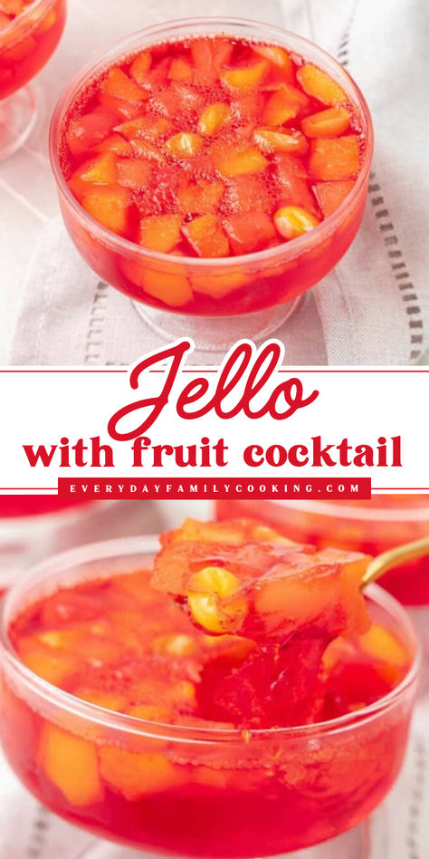 Learn how to make Jello with a Fruit Cocktail for a deliciously fruity Spring dessert! This classic recipe creates a refreshing sensation that dances on your taste buds. It also makes a delicious summer dessert. Save this pin! Jello With Oranges, Jello With Fruit Cocktail How To Make, Fruit Cocktail Jello Recipes, Jello And Fruit Cocktail, Fruit Cocktail Jello Salad, Fruit In Jello, Fruit Cocktail Jello, Jello Recipes With Fruit, Jello Fruit Cups