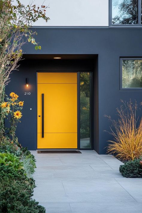 Houses With Yellow Doors, Yellow Doors On Houses, Blue House With Yellow Door, Bold House Colors Exterior, Bright House Exterior, Mustard Yellow House Exterior, Modern House Front Yard, Yellow Door Exterior, Mustard Yellow Front Door