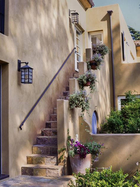 Window+boxes+adorn+an+exterior+stairway,+softening+the+boxy+lines+of+the+home's+Mediterranean-style+architecture+and+giving+it+a+welcoming,+homey+vibe. Outside Stairs Design, Yard Design Ideas, Stucco Wall, Outside Stairs, Landscape Yard, Mediterranean Landscape, Exterior Stairs, Mediterranean Landscaping, Stucco Walls