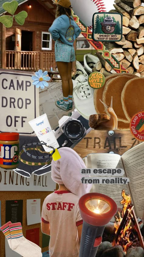 Summer Camp Moodboard, Summer Camp Cabin Themes, Summer Camp Wallpaper, Summer Camp Aesthetic Cabin Interior, Music Camp Aesthetic, Summer Camp Scrapbook, Summer Camp Accessories, Summer Camp For Adults, Camp Asthetics