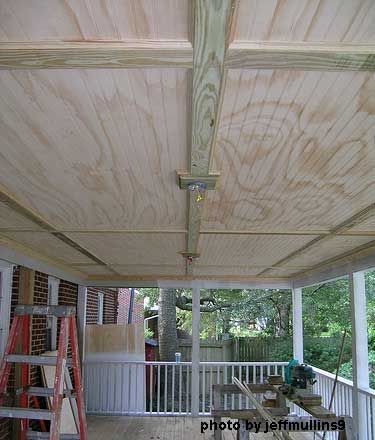 Bead board ceiling installed- just one of many suggestions for porch ceilings Deck Ceiling Ideas, Beadboard Porch Ceiling, Vinyl Beadboard, Patio Ceiling Ideas, Plywood Ceiling, Board Ceiling, Porch Remodel, Porch Ceiling, Building A Porch