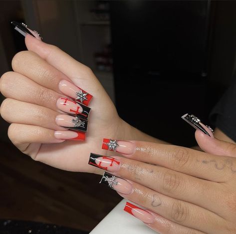 Black And Red Freestyle Nails, Red And White Nails Black Women, Red Black And White Long Acrylic Nails, Red White And Black Nails Acrylic, Black And Red Baddie Nails, Red And Black Medium Nails, Trendy Red Nails 2023, Cross Acrylic Nails Designs, Red And Black Nails Acrylic Short