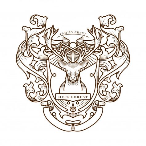 Crest Illustration, Family Crest Tattoo, Family Crest Symbols, Crest Tattoo, Black Shield, Heraldry Design, Deer Forest, Family Logo, Vector Frame