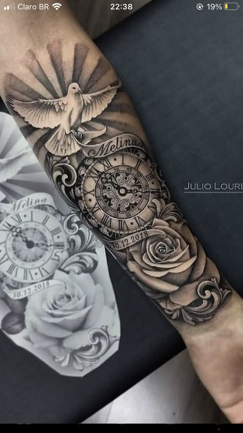 Memorial Tattoo Sleeves, Rip Tattoos For Dad, Female Tattoo Designs, Clock Tattoo Sleeve, Arm Tattoos For Guys Forearm, Rose Tattoos For Men, Men Tattoos Arm Sleeve, Cool Forearm Tattoos, Half Sleeve Tattoos For Guys