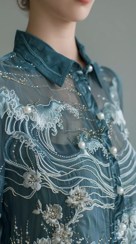 Long sleeved shirt, blue, pearl, silver thread, waves, embroidery, beaded, minimalist --v 6  --stylize 250 --style raw Embroidery Beads Designs, Beaded Embroidery Dress, Waves Embroidery, Ocean Embroidery, Wave Embroidery, Wave Dress, Embroidery Beaded, Beaded Shirt, Pearl Embroidery