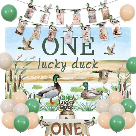 PRICES MAY VARY. Mallard Duck 1st Birthday Decorations: Package includes 15 x latex balloons 12 inches, 1 “ONE Lucky Duck” cake topper, 1 “ONE” high chair banner, 1 “ONE lucky duck” backdrop 3.3*4.9ft, 1 mallard duck photo banner and 2 white ribbons 33ft. Duck Theme Backdrop: The self-designed “ONE lucky duck” backdrop is lightweight, and can be a eye-catching photography background to your party. The printed words “ONE lucky duck” means that it will bring luck to your baby boy, the mallard duck Babys First Birthday Themes, Duck Duck Goose Birthday Party, Mallard First Birthday Party Boy, One Lucky Duck Birthday Theme, Duck Hunting Themed 1st Birthday, One Lucky Duck Birthday Cake, One Lucky Duck First Birthday Party, Duck Hunting 1st Birthday, Mallard Duck First Birthday