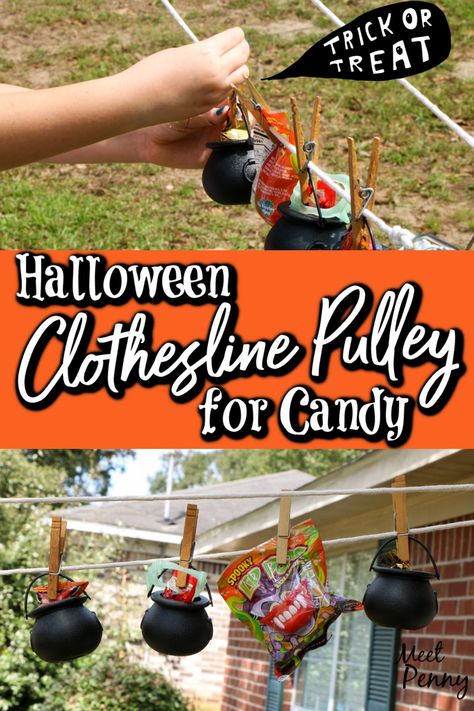 Trick or Treat Halloween Pulley System for Candy - Meet Penny Candy Delivery System For Halloween, Halloween Candy Ideas, Candy Delivery, Puking Pumpkin, Halloween Treats To Make, Candy Videos, Halloween Party Treats, Candy Ideas, Happy Haunting