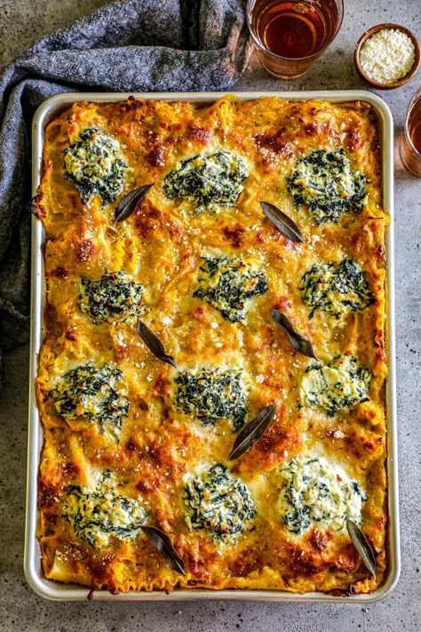 Butternut Squash and Spinach Lasagna Butternut And Spinach Recipes, Squash And Spinach Lasagna, Butternut Squash Spinach Lasagna, Butternut Squash Casserole Recipes, Fall Lasagna, Butternut Lasagna, Butternut Squash And Spinach Lasagna, Butternut Squash Lasagna Rolls, Sheet Pan Lasagna