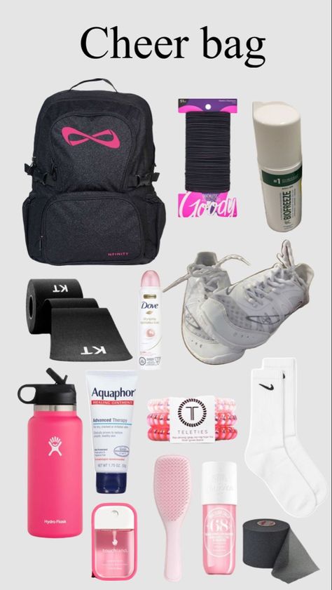 Cheer Bags Ideas Backpacks, Gymnastic Outfits For Practice, Cheerleading Tryout Outfits, Cheer Backpack Essentials, Cheer Bag Must Haves, What To Keep In Your Cheer Backpack, Cheerleader Must Haves, Cheer Practice Bag, Cheer Bag Aesthetic