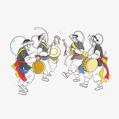 Korean Culture Art, Korean Festival, Dance Clipart, Dance Png, Dancing Clipart, Khmer New Year, Korean Illustration, Korean Colors, Traditional Festival