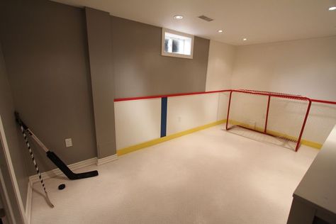 He Shoots, He Scores Home Hockey Rink, Basement Hockey, Hockey Basement, Basement Gym Ideas, Hockey Bedroom, Hockey Room, Diy Kitchens, Basement Gym, Home Bar Accessories