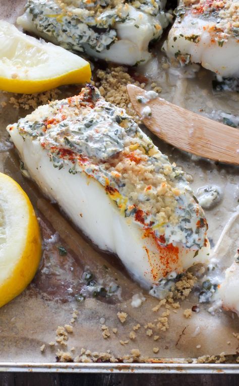 20 Minute Lemon, Garlic, and Herb Baked Cod - Baker by Nature Red Recipes, Grilled Cod, Garlic Yogurt, Cod Fish Recipes, Healthy Dinner Options, Tasty Meals, Supper Ideas, Cod Recipes, Fish Fish