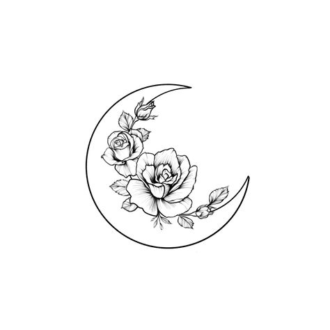 Luna Rose Tattoo, Roses And Moon Tattoo, Crescent Moon Rose Tattoo, Rose Moon Tattoo Design, Crescent Moon And Rose Tattoo, Moon And Rose Drawing, Flower And Moon Tattoo Designs, Rose And Moon Tattoo Design, Water Lily And Rose Tattoo