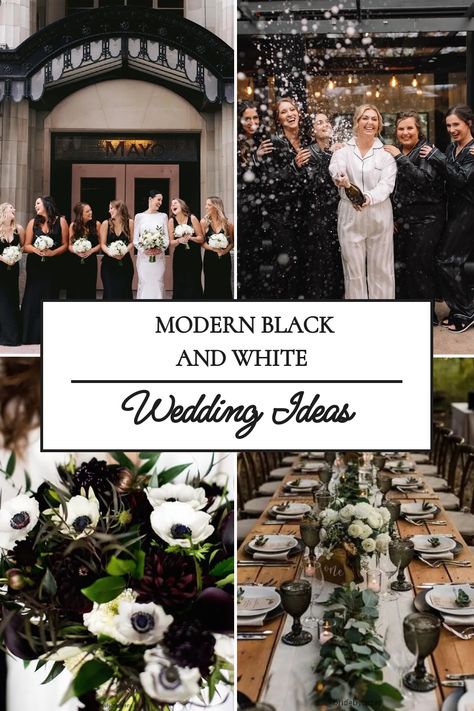 Picture your wedding party in sleek black outfits. They will stand out against lush white floral arrangements and clean white linens. Black taper candles will give a warm light on tables with black napkins and shiny silverware, bringing a touch of drama and sophistication. White Linens Black Chairs Wedding, Black Chair Covers Wedding, Black And White Wedding Theme Classy Table Settings, White Rose Centerpiece Wedding, Black Tie Wedding Flowers, Black And White Event Decor, Modern Black And White Wedding Decor, Black And White Wedding Table Settings, Black And White Wedding Theme Classy