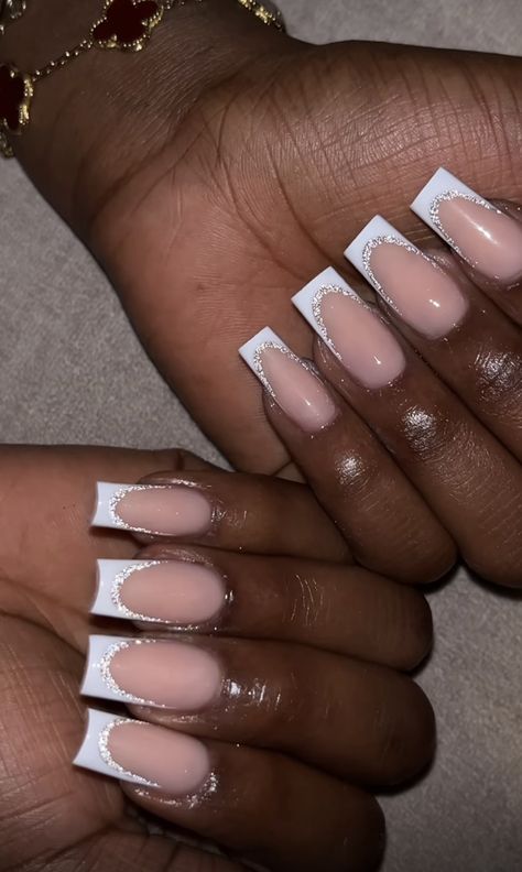 Acrylics For Black Women, Nails Black Women French Tip, French Tip Nails With Design Black Women, French Tips Milky White, Nail Inspo Medium Length Square, Double Lined French Tip Nails, Nail Inspiration Black Women, Acrylic Nails On Black Skin, Nail Art For Black Skin