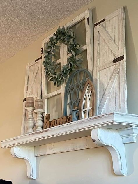 How To Decorate With Shutters Inside, Old Window Wall Decor, Decorating With Shutters Inside, Old Window Frame Ideas, Front Window Decor, Farmhouse Updates, Old Window Ideas, Window With Wreath, Shutters Inside