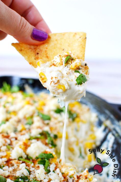 Cottage Cheese Corn Dip, Street Corn Appetizer, Elote Corn Dip Recipe, Corn Appetizer, Corn Queso Dip, Dip With Corn, Cold Corn Dip, Elote Dip Recipe, Corn Appetizers