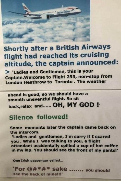 Irish Humor, Airplane Humor, Aviation Humor, British Airways, Twisted Humor, Fb Memes, Dad Jokes, Funny Signs, Funny Stories