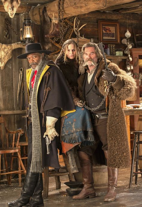 "The Hateful Eight" promo still, 2015.  L to R: Samuel L. Jackson, Jennifer Jason Leigh, Kurt Russell. Kurt Russell Hateful Eight, Western Spaghetti, Hateful Eight, Jennifer Jason Leigh, Quentin Tarantino Films, The Hateful Eight, Quentin Tarantino Movies, Film Characters, Weird West