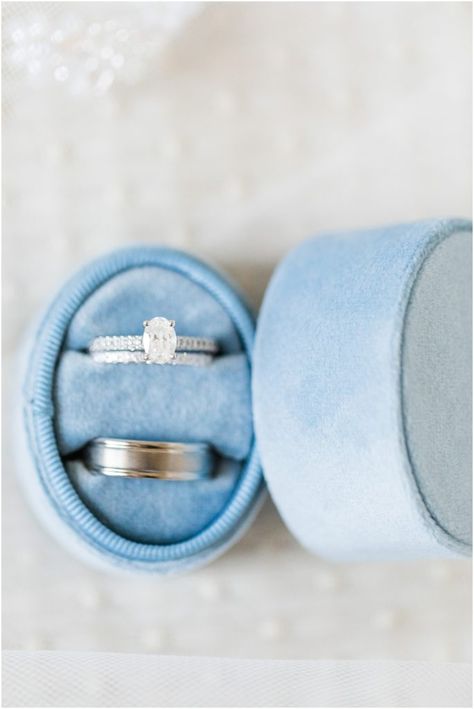 Classic Wedding Ring Set | Oval Diamond Engagement Ring | Light blue ring box | Alyssa & Nathan | hannamorganphotography.com Wedding Baby Blue Ring, Luxury Light Blue Ring For Gift, Blue Wedding Flatlay, Dusty Blue Wedding Flat Lay, Classic Wedding Ring Set, Ring Box Light Blue, Red Barn Wedding, Wedding Photo List, Oval Diamond Engagement Ring